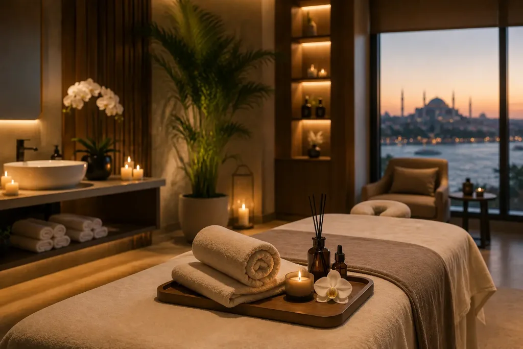 Refleksoloji seansı öncesi hazırlanmış sıcak havlular ve aromatik yağlar